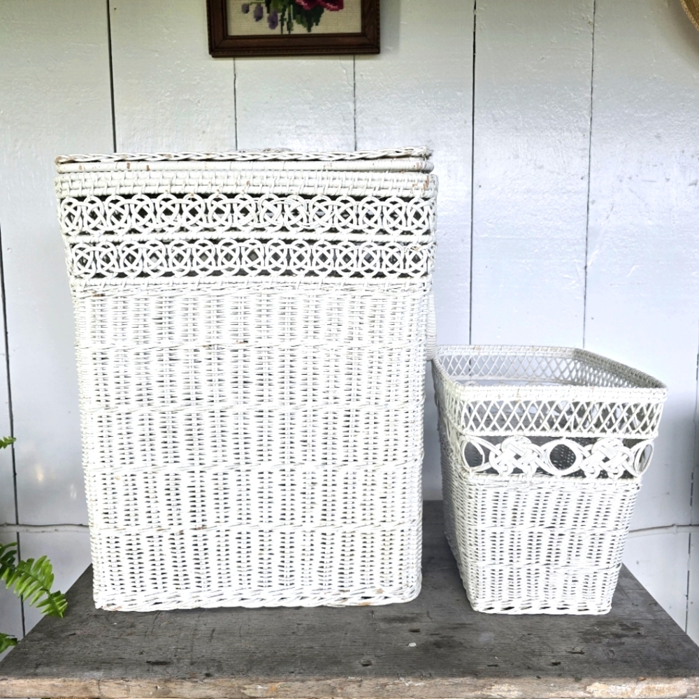 Vintage Wicker Hamper Set Maine Country Cottage White Basket Hamper Wastebasket